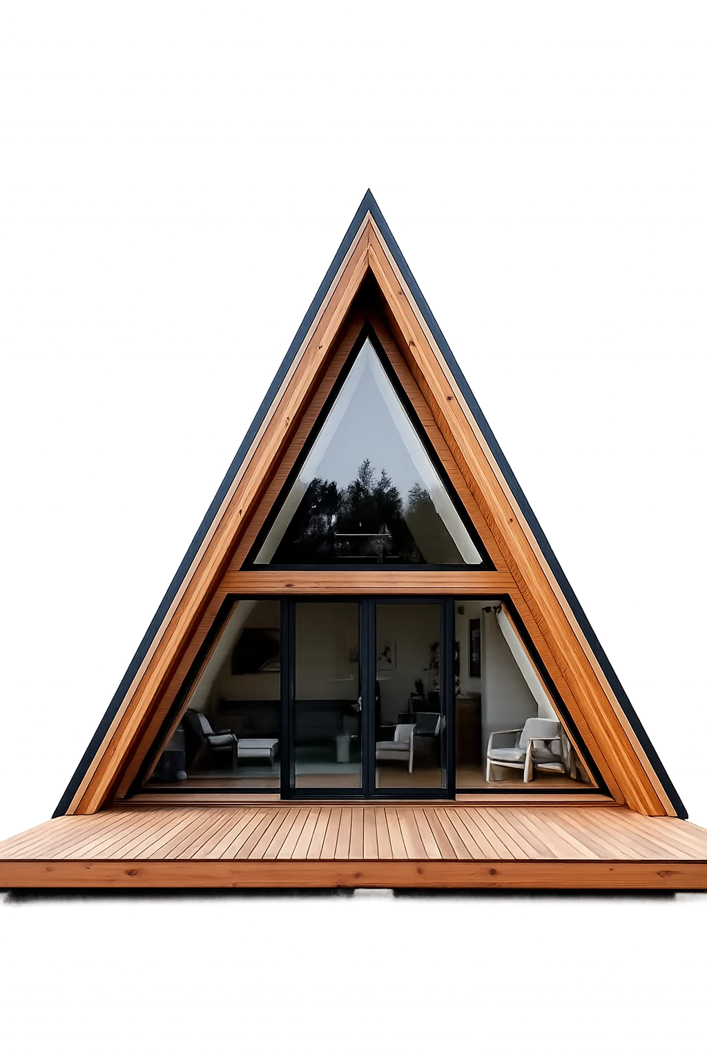 Završena A-frame kuća sa osvetljenim enterijerom
